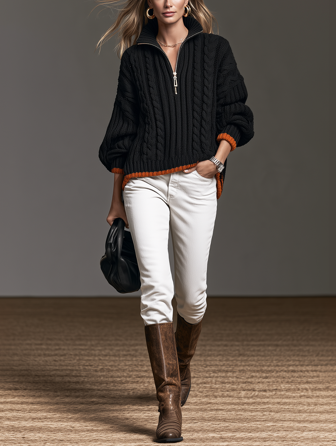 Damen Strickpullover in Schwarz und Orange mit halbem Reißverschluss und langen Ärmeln