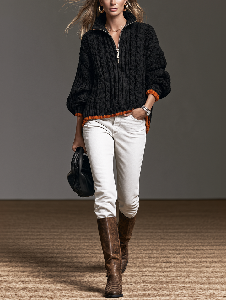 Damen Strickpullover in Schwarz und Orange mit halbem Reißverschluss und langen Ärmeln