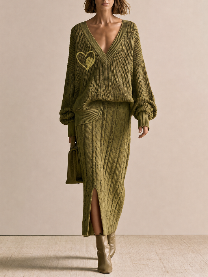 Damen V-Ausschnitt Pullover mit Herzdetails in Oliv