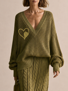 Damen V-Ausschnitt Pullover mit Herzdetails in Oliv