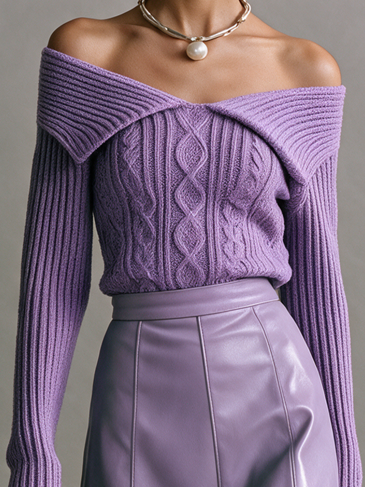 Damen Off-Shoulder Falt-Über Cable-Knit Langarm-Top