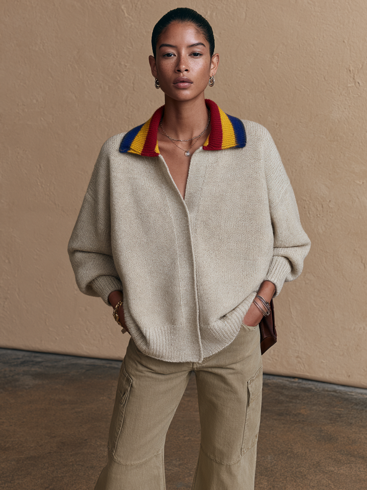 Damen Pullover mit kontrastierendem Streifenkragen