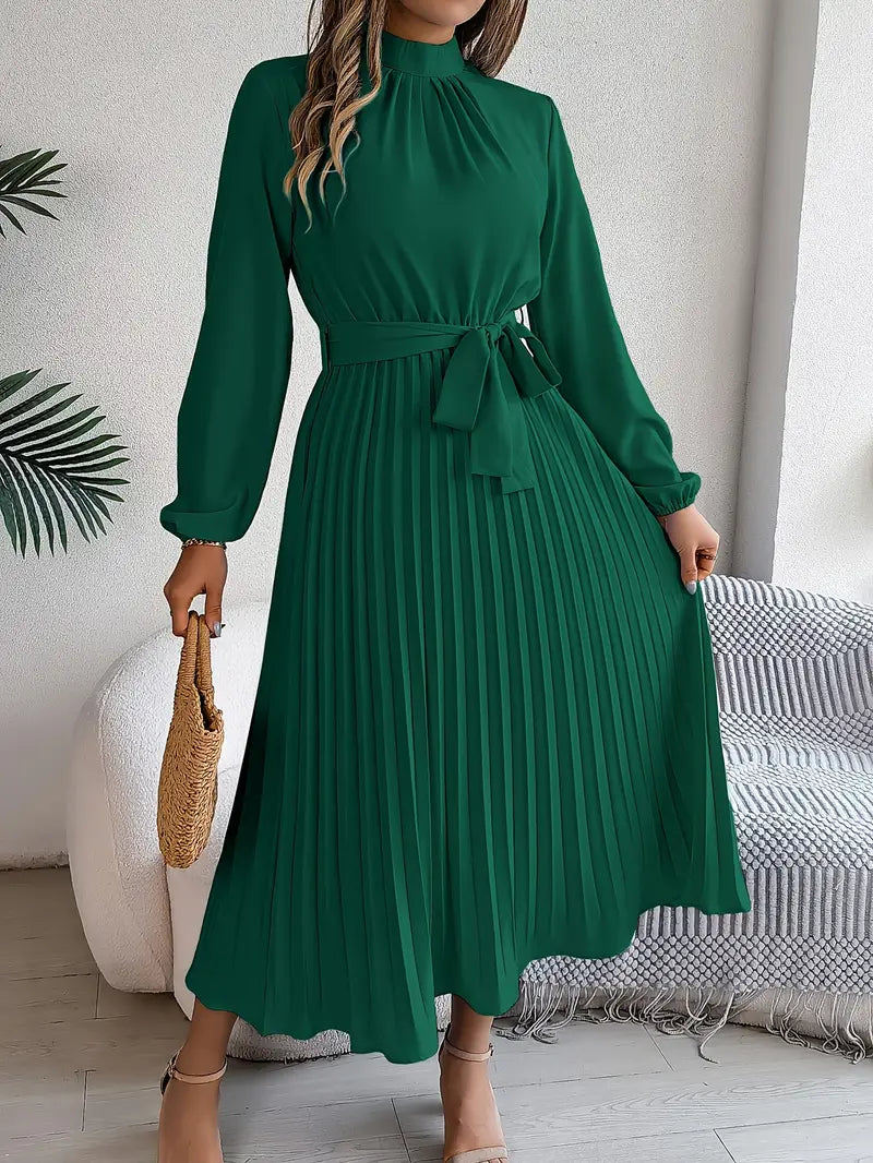 Damen Langarm Falten Kleid mit Gürtel