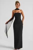 Deborah - Strapless Bandage-Maxikleid mit Chiffon-Halterdrape