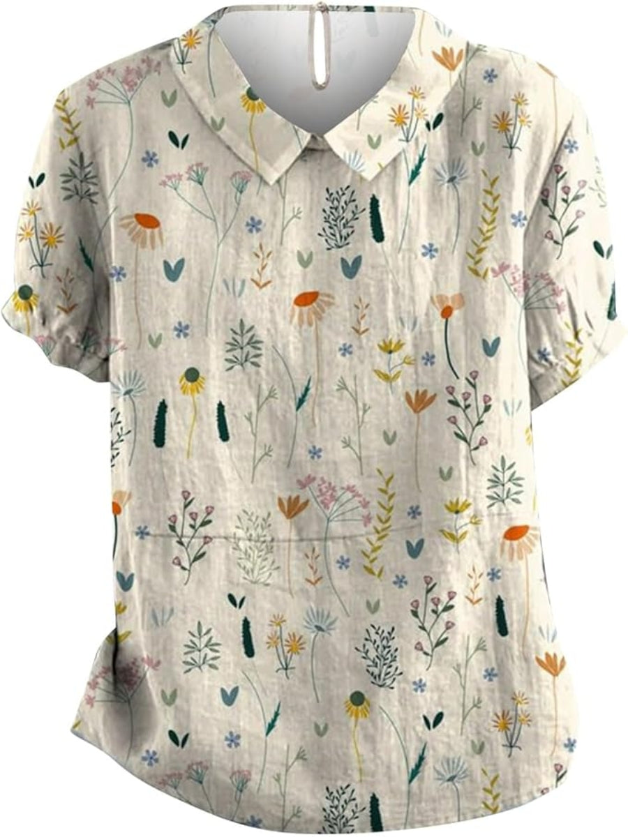 Damenbluse kurzärmelig mit Kragen und Blumenmuster