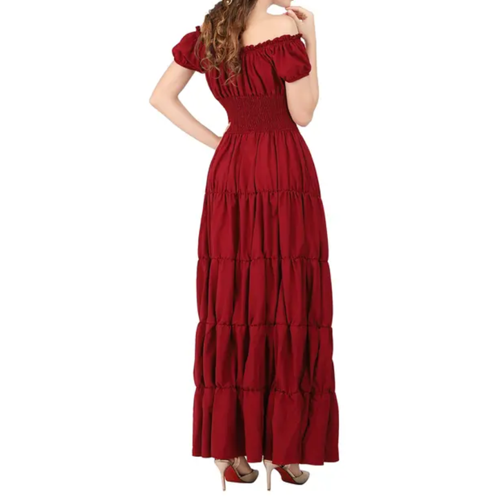 Margaret - Damen Maxikleid mit schulterfreiem Design und gestuftem Rock mit gerafftem Bund