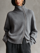 Damen Grauer Diagonal-Reißverschluss Funnel Neck Strickpullover