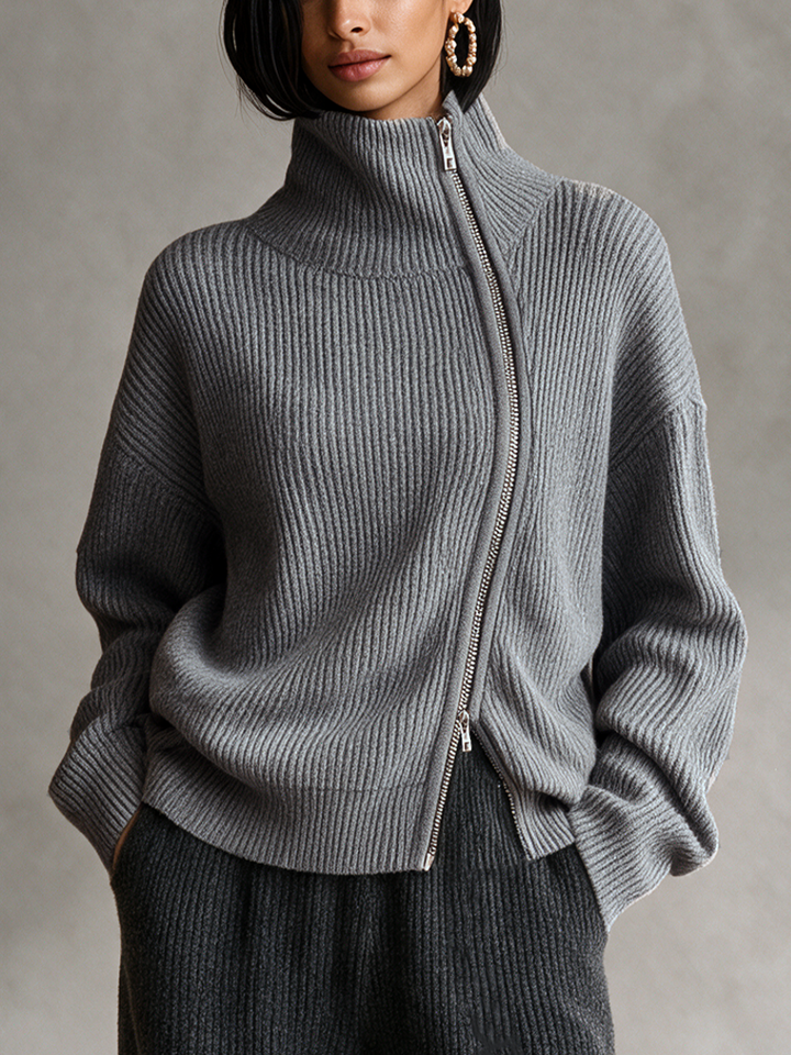 Damen Grauer Diagonal-Reißverschluss Funnel Neck Strickpullover