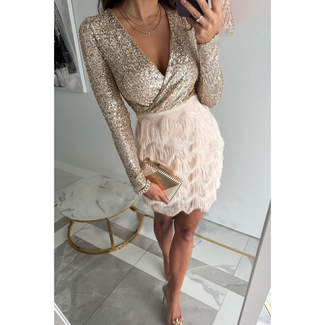 Olivia - Damen Abendkleid mit Mini-Pailletten und Fransen