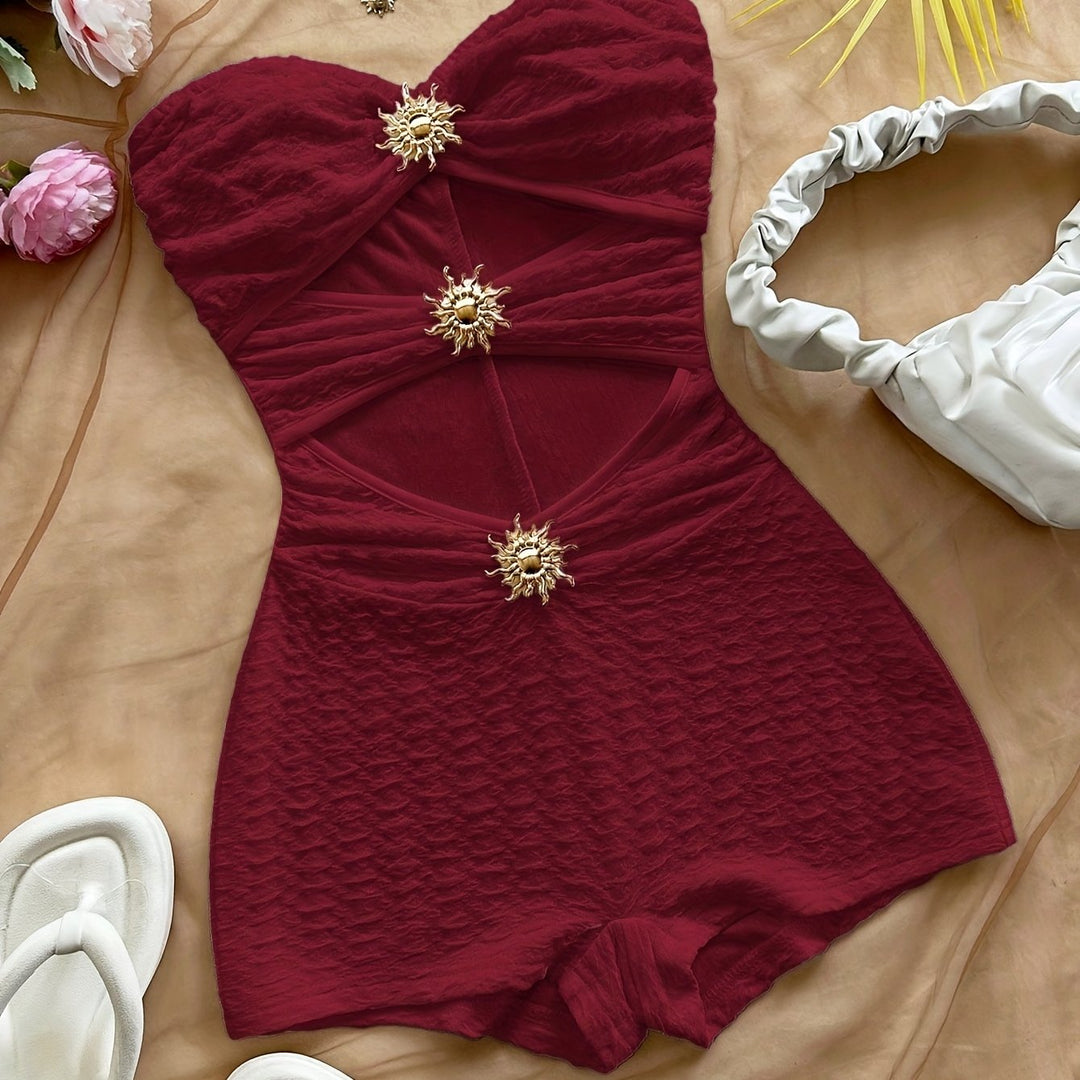 Damen Baddräkt Retro Bandeau Leopardenmuster mit Ausschnitten und Dekorativen Schnallen – Perfekt für Strand und Pool