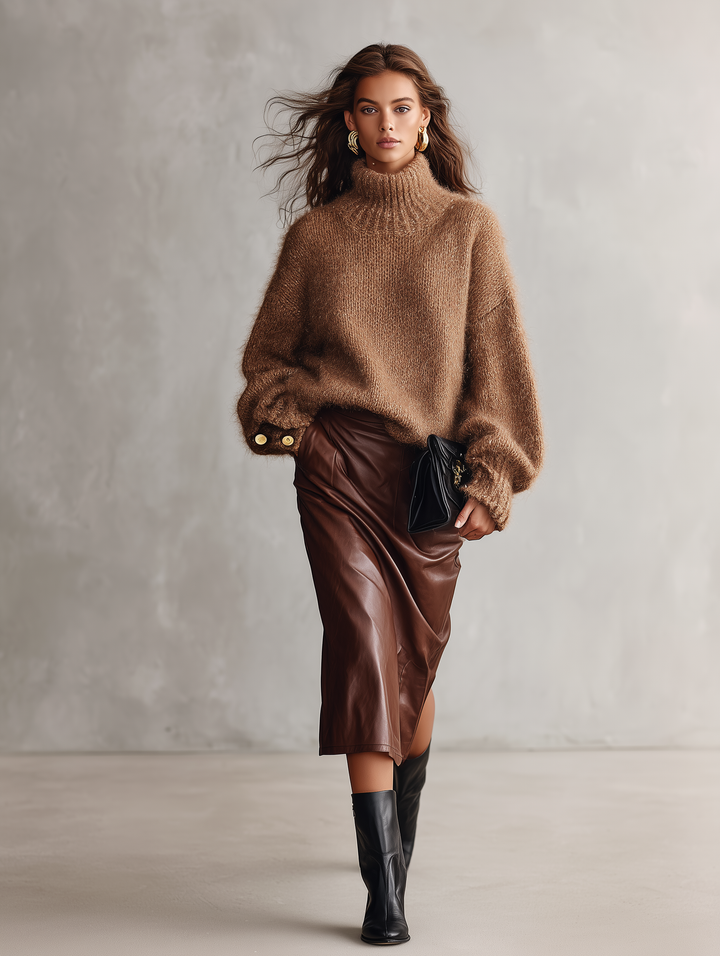 Damen Camel Mohair-Mix Langarm Rollkragenpullover