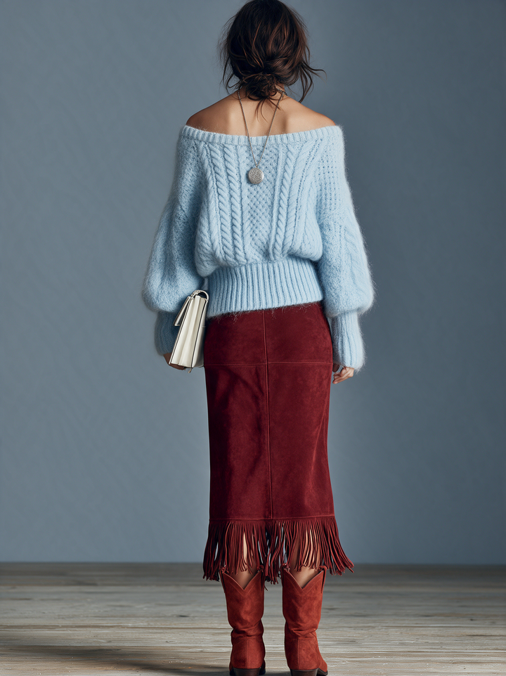 Damen Vintage Off-Shoulder Kabelstrickpullover