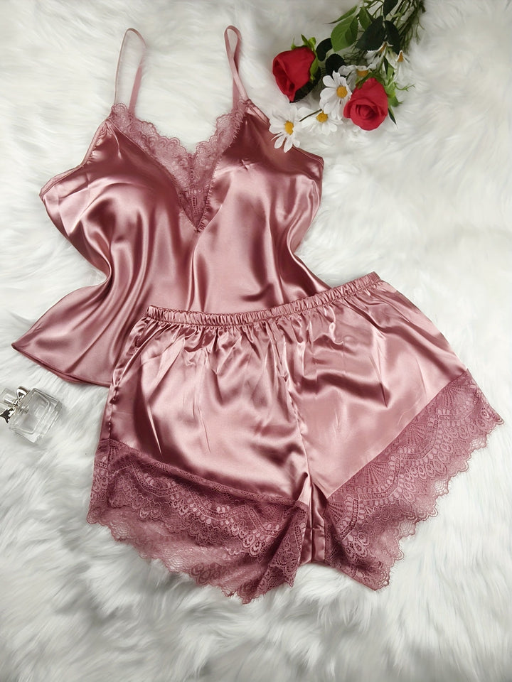 Kurzes Damenpyjama im sexy Stil für zu Hause - Set mit Top und Shorts mit Spitzenakzenten, ideal für Frühling-Sommer