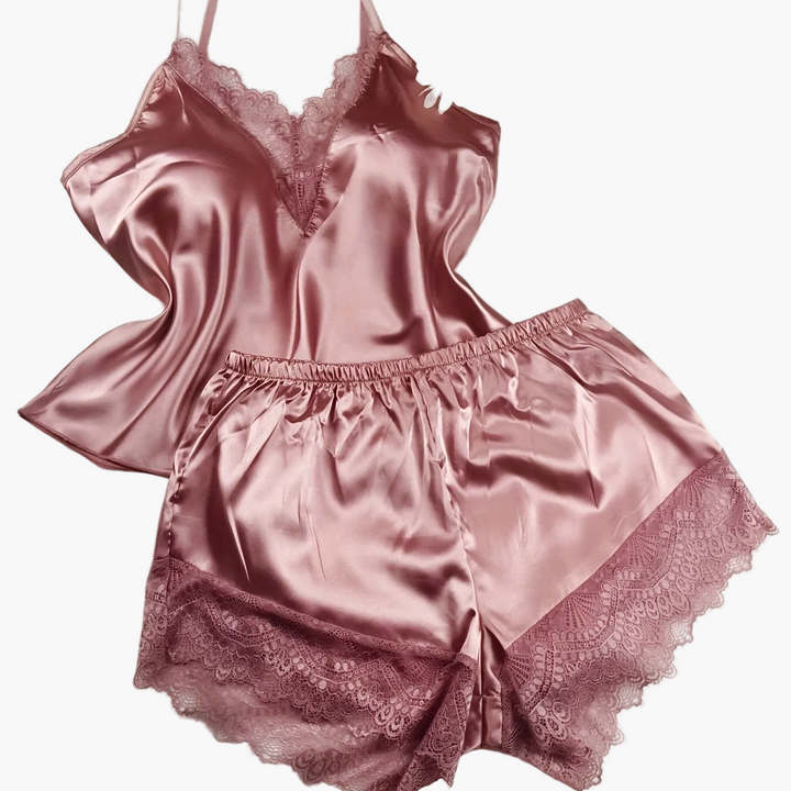Kurzes Damenpyjama im sexy Stil für zu Hause - Set mit Top und Shorts mit Spitzenakzenten, ideal für Frühling-Sommer