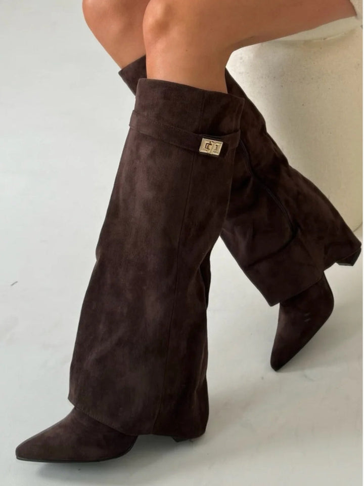 ALVINA | Luxuriöse Wildleder-Look Hohe Stiefel mit Goldakzent