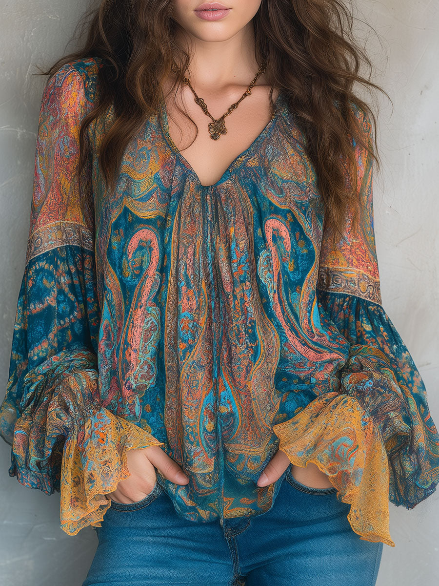 Sara | Bohemian Teal &amp; Amber Paisley Chiffonbluse mit Rüschensäumen