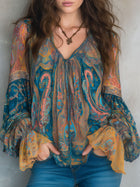 Sara | Bohemian Teal & Amber Paisley Chiffonbluse mit Rüschensäumen
