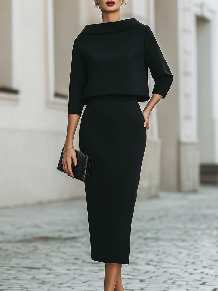 Damen Zweiteiliges Set Bootneck Top und Midi Rock Taillierte Passform - Schwarz / Marineblau / Beige - Maelen
