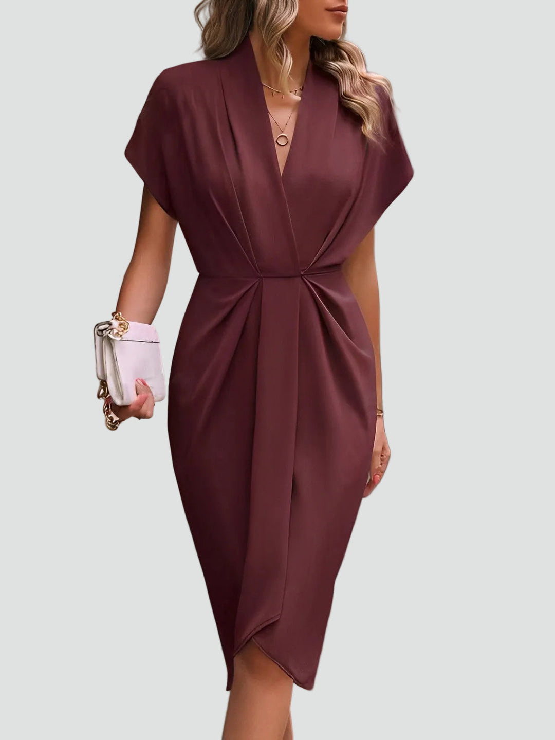 Wickelkleid Midi Damen mit V-Ausschnitt und Falten, Elegant und Weiblich für Cocktail und Dinner - Luciana Mazzini