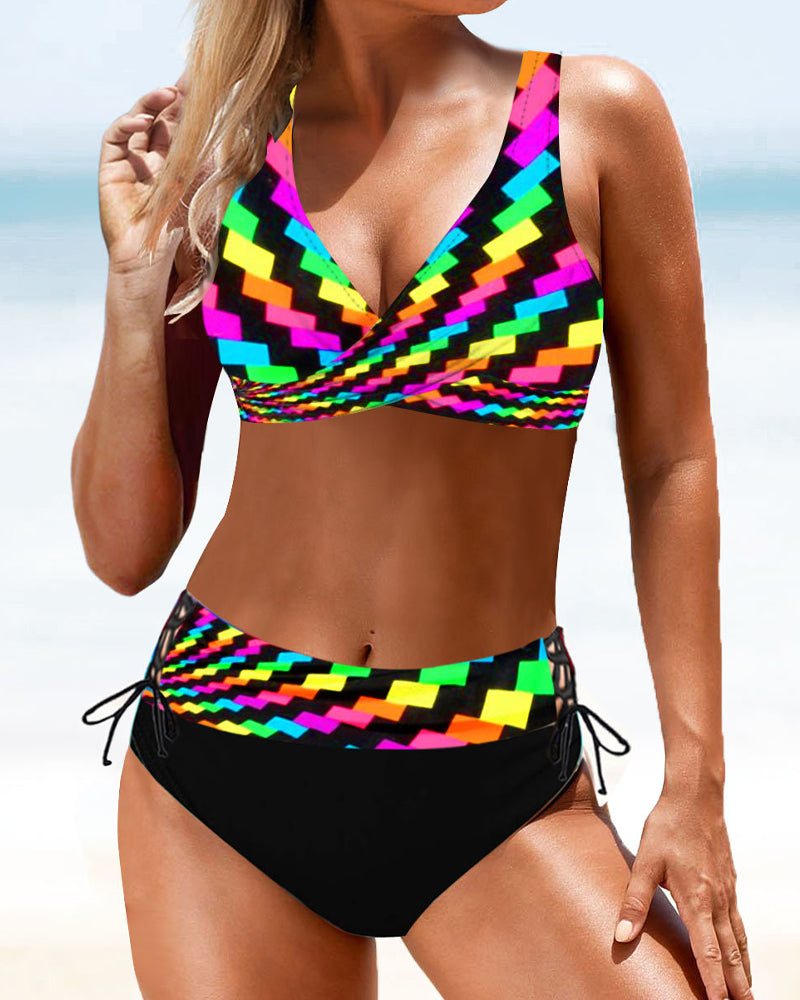 Samantha – Hohe Taille bunter Bikini Badeanzug