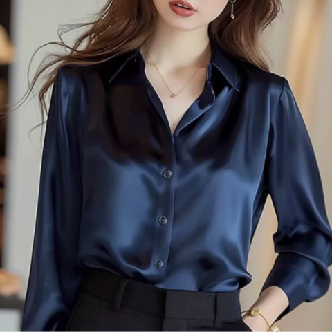 Elegantes Satin-Hemdblusenshirt für Damen | Lange Ärmel