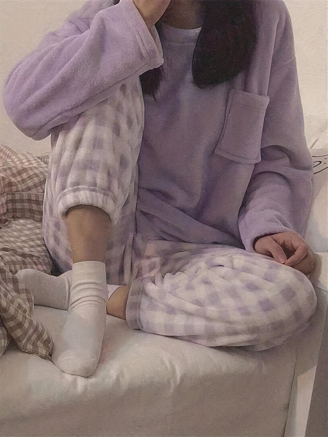 Lounge-Set Damen Zwei-Teilig Gemütliches Fleece Warm Pyjama Set Winter