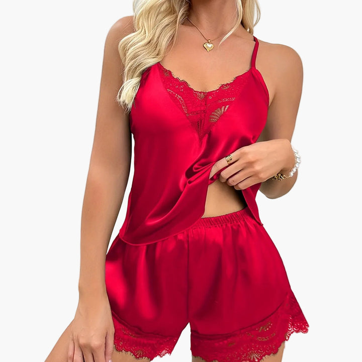 Kurzes Damenpyjama im sexy Stil für zu Hause - Set mit Top und Shorts mit Spitzenakzenten, ideal für Frühling-Sommer