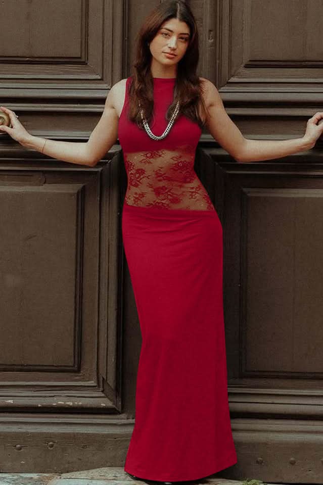 Amanda - Transparentes Spitzen-Panel ärmelloses Maxikleid