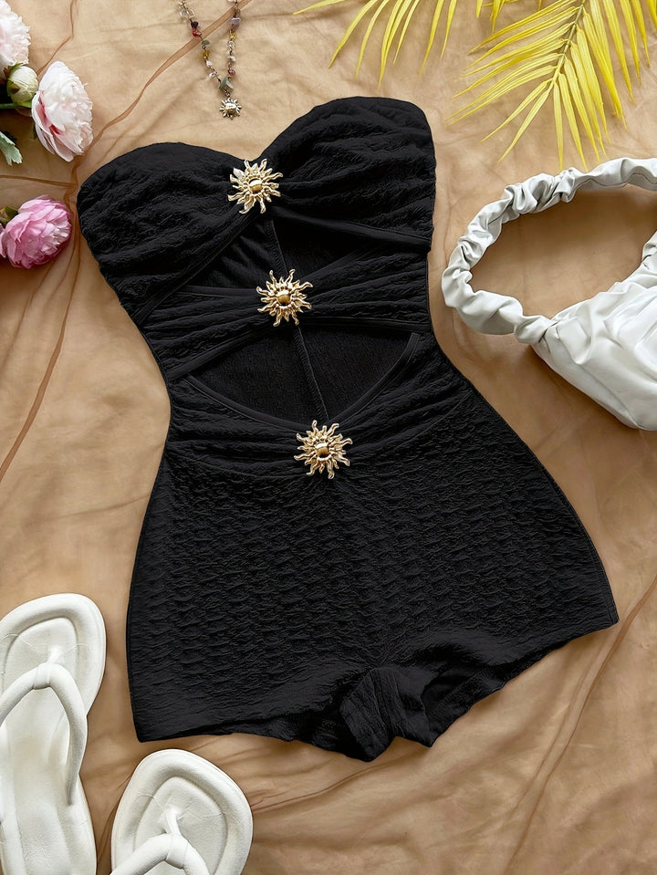 Damen Baddräkt Retro Bandeau Leopardenmuster mit Ausschnitten und Dekorativen Schnallen – Perfekt für Strand und Pool