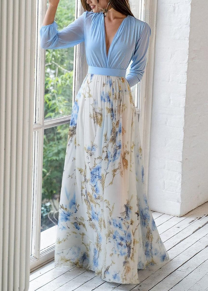 Sofie - Damen Maxikleid mit V-Ausschnitt und geblümtem Saum