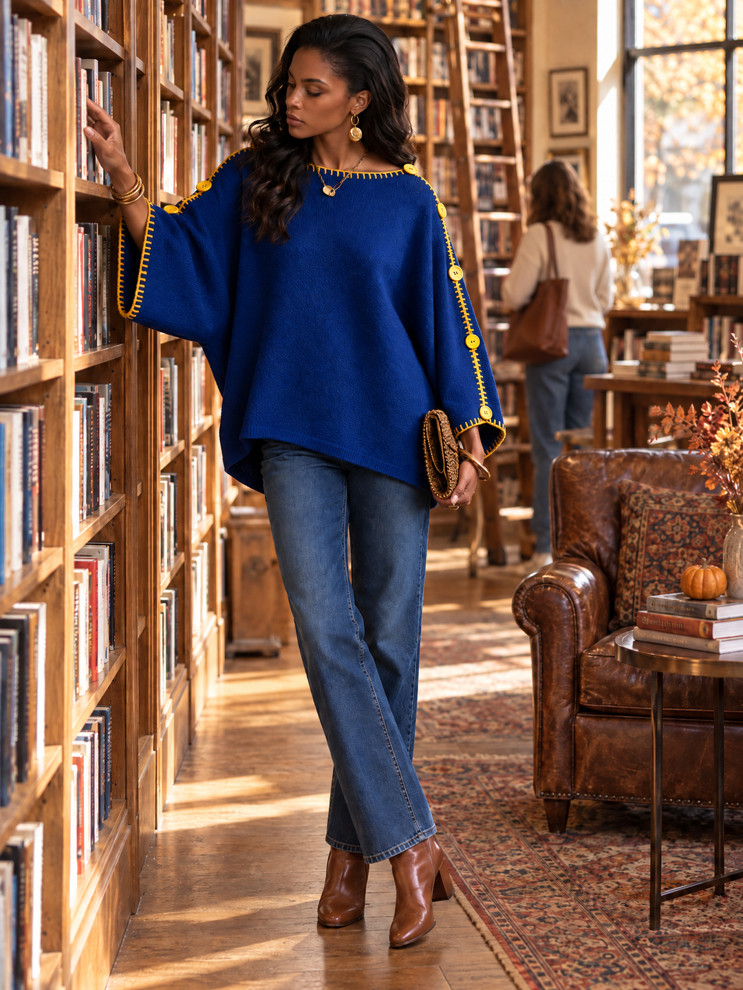 Damen Pullover mit Kontrastnähten und Knöpfen, lange Ärmel