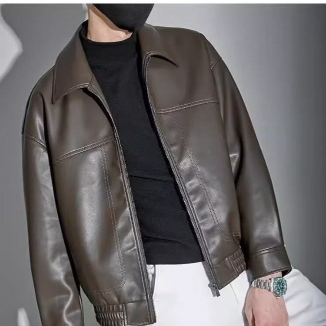 Herren Lederjacke Slim Fit mit Reißverschluss und Stehkragen