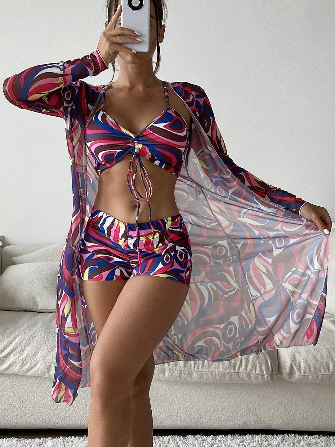 Catherine – 3-teiliges Bikini-Set mit Langarm-Cardigan für den Sommerstrand