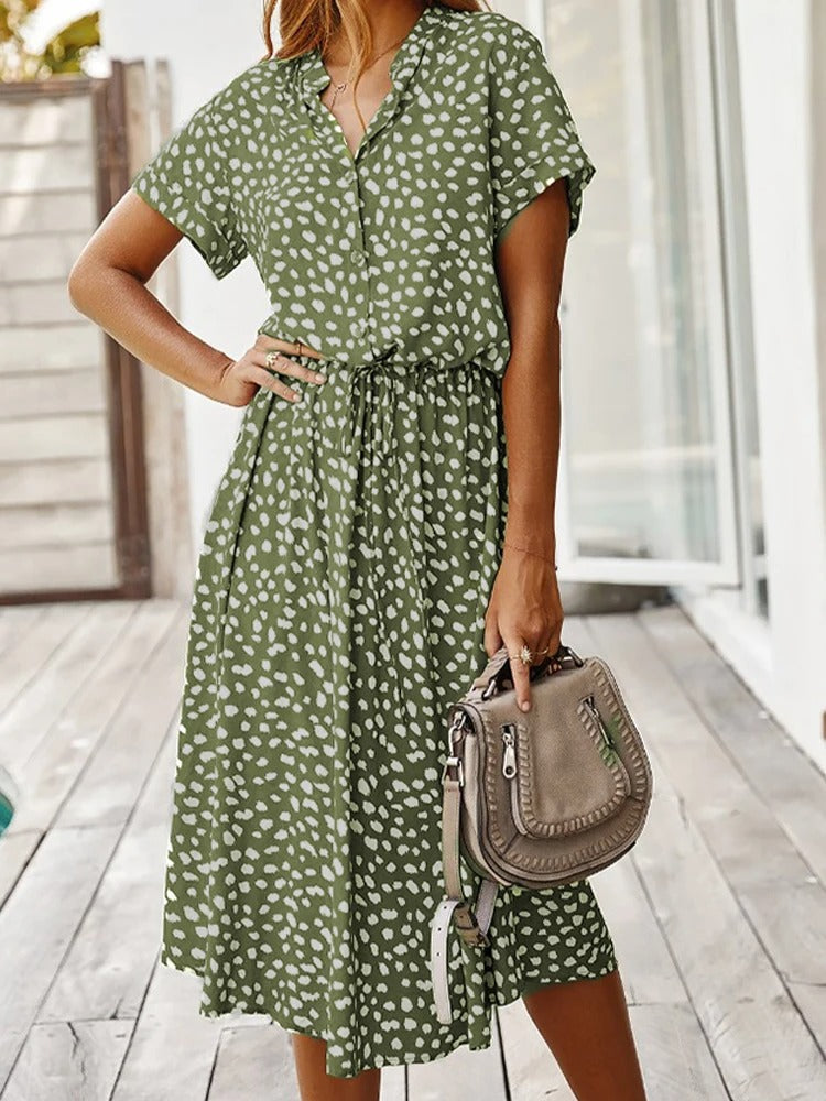 Elizabeth - Damen Midi Hemdkleid mit Tierdruck und kurzen Ärmeln