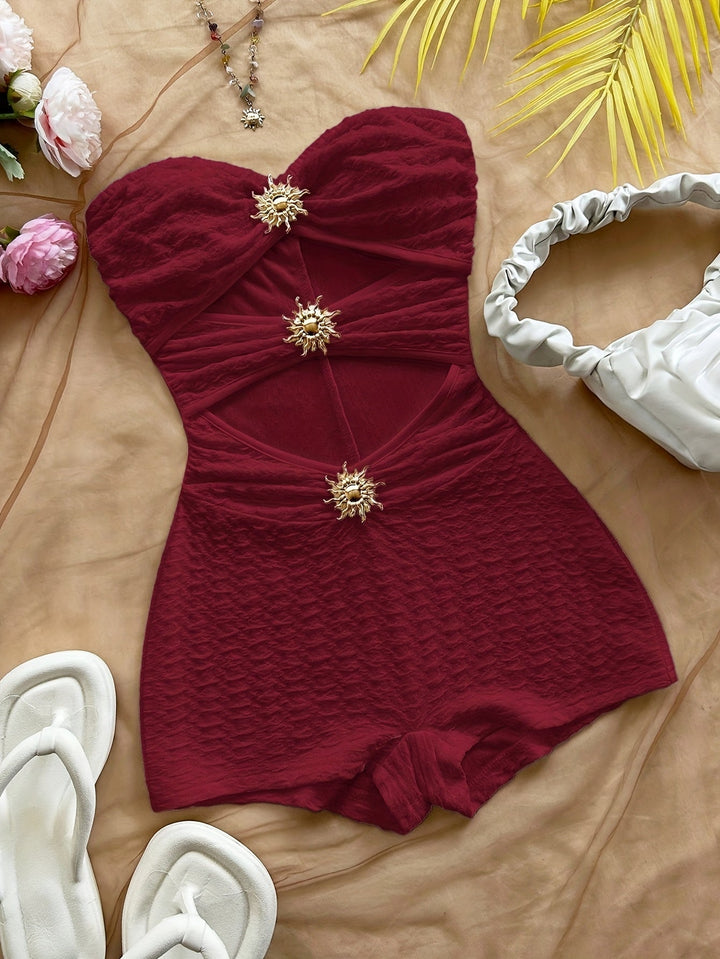 Damen Baddräkt Retro Bandeau Leopardenmuster mit Ausschnitten und Dekorativen Schnallen – Perfekt für Strand und Pool