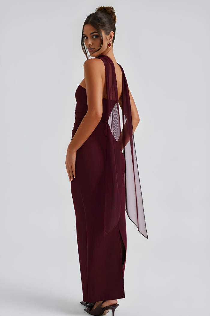 Deborah - Strapless Bandage-Maxikleid mit Chiffon-Halterdrape