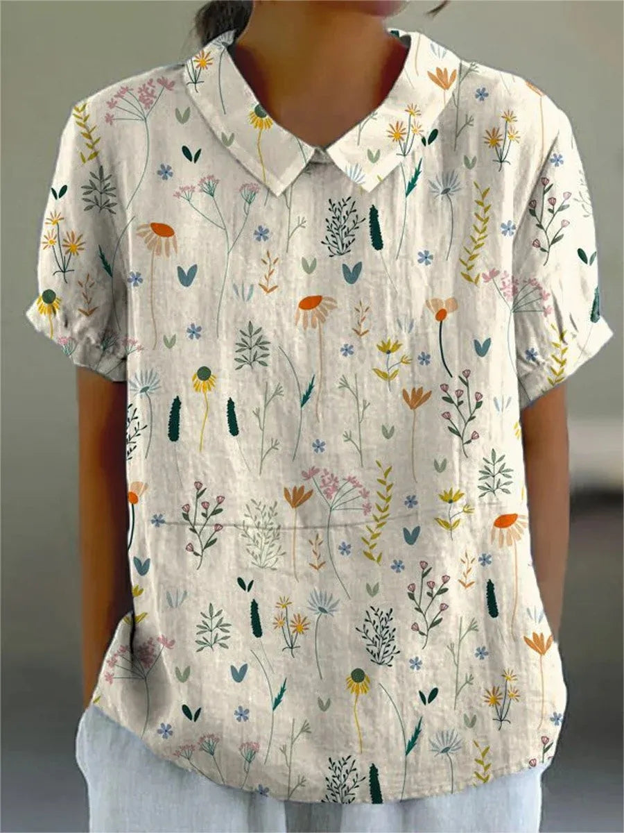 Damenbluse kurzärmelig mit Kragen und Blumenmuster