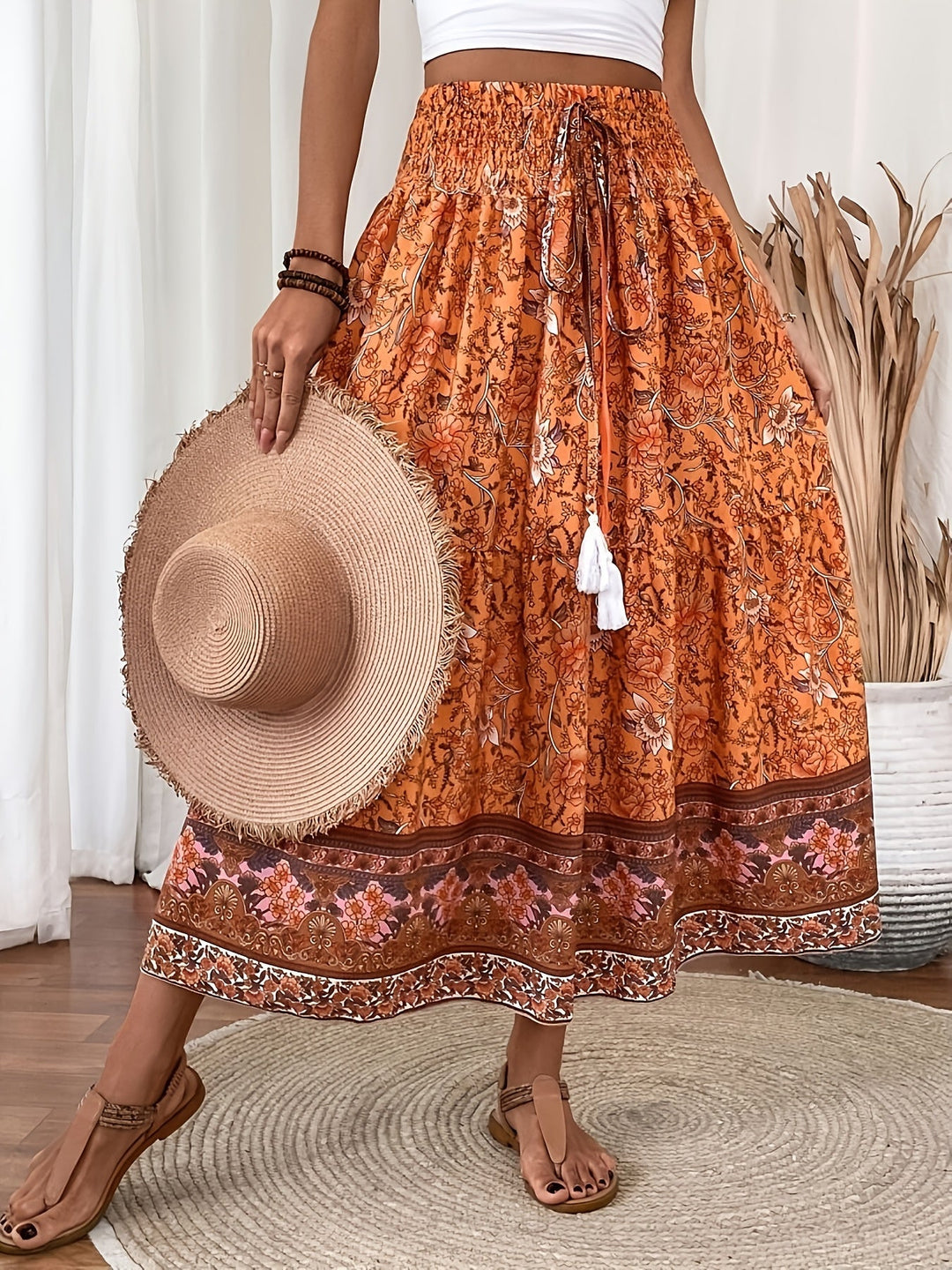 Damen Boho Lange Blumige Elegante Sommermode Rock mit Taschen