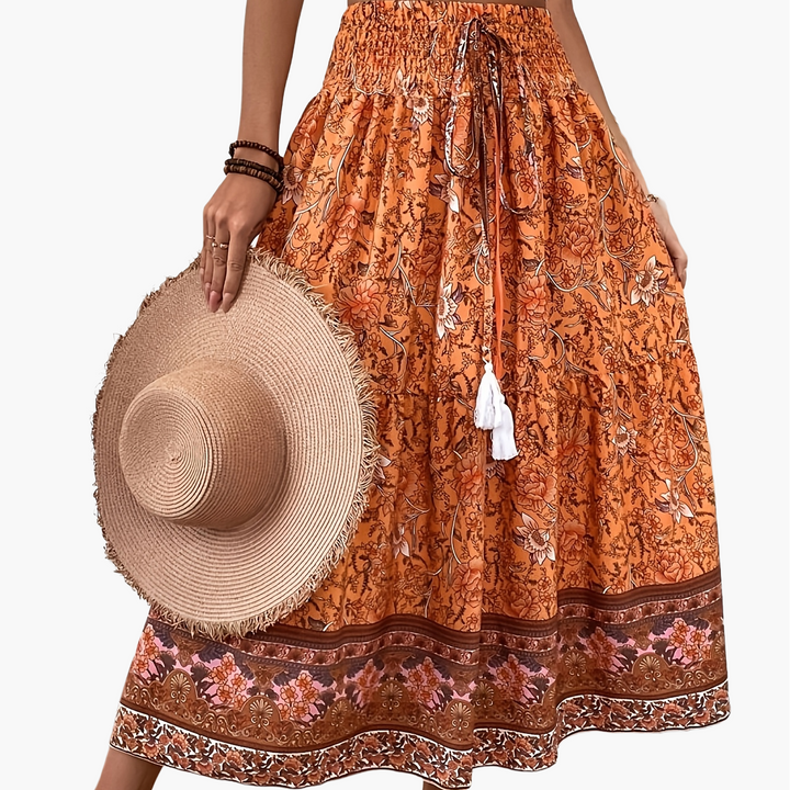 Damen Boho Lange Blumige Elegante Sommermode Rock mit Taschen