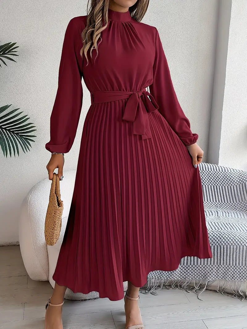 Damen Langarm Falten Kleid mit Gürtel