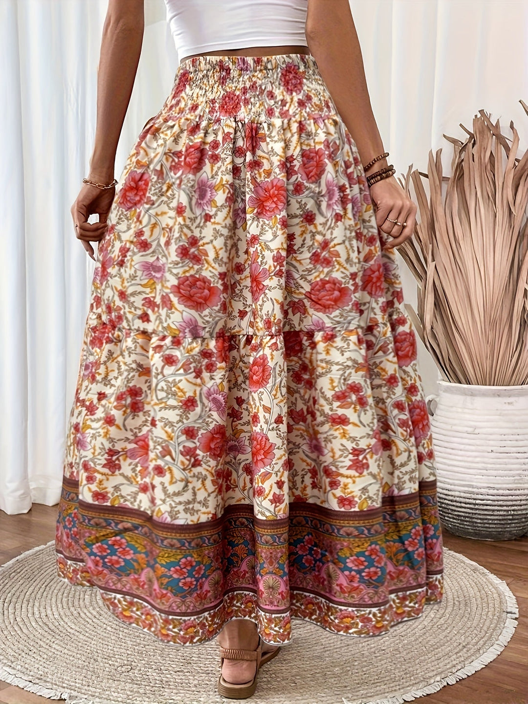 Damen Boho Lange Blumige Elegante Sommermode Rock mit Taschen
