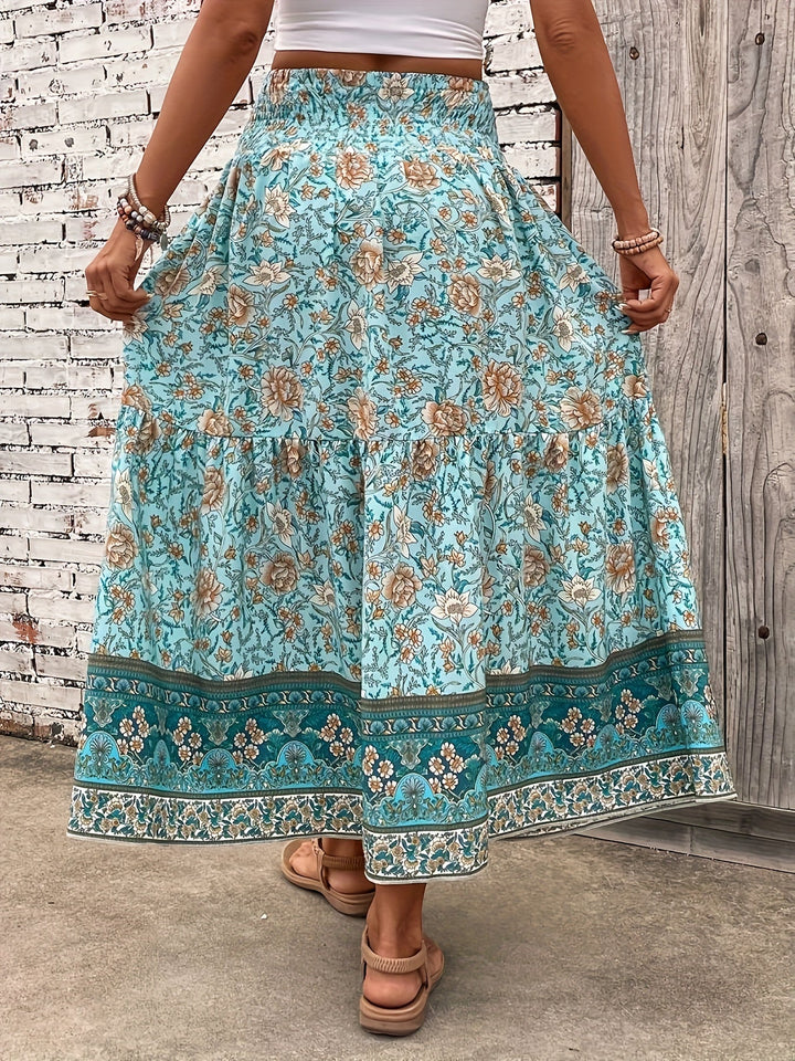 Damen Boho Lange Blumige Elegante Sommermode Rock mit Taschen