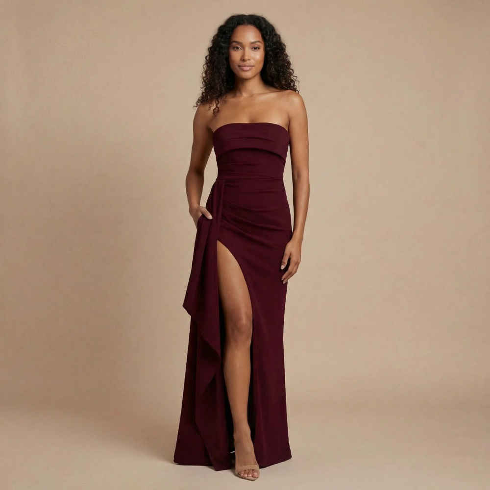 Amy - Strapless Raffung Bodycon Maxikleid mit hohem Schlitz