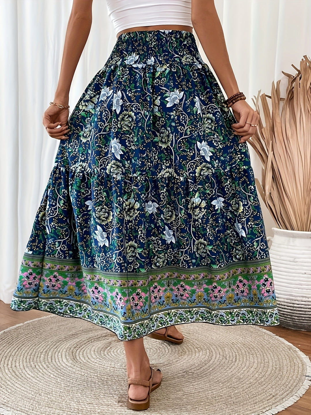 Damen Boho Lange Blumige Elegante Sommermode Rock mit Taschen
