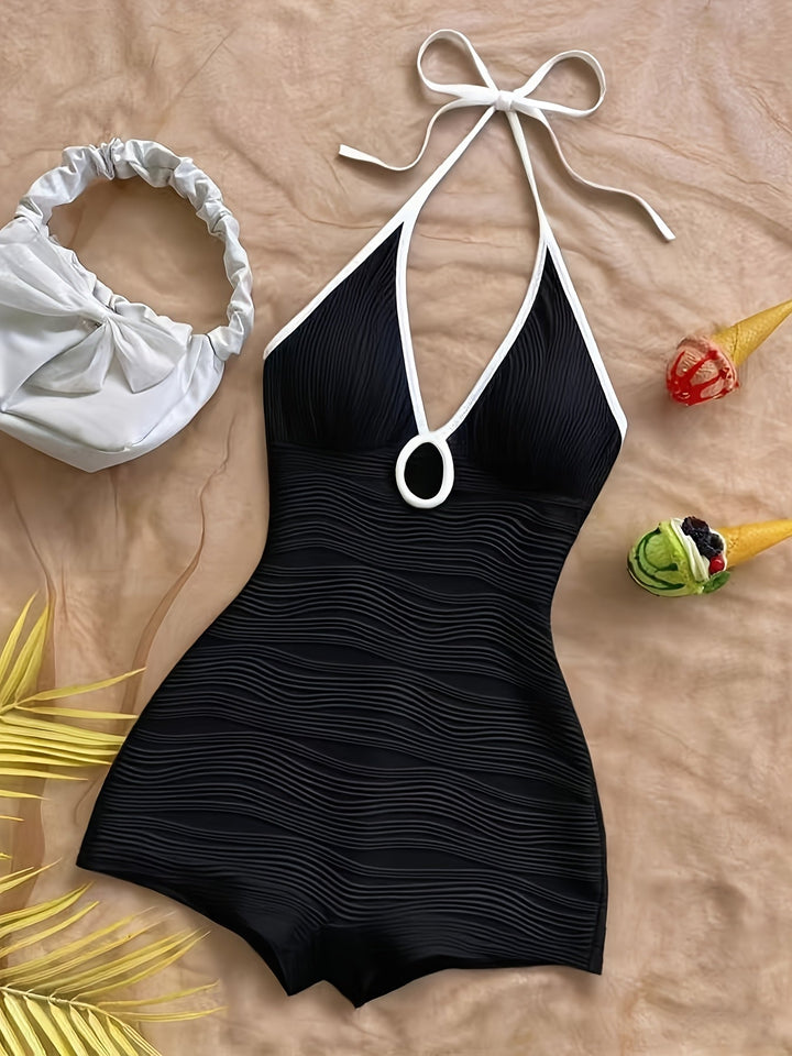Damen Badeanzug mit Halterneck und Wellenmuster – Eleganter Vintage-Stil für Strand und Pool