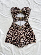 Damen Baddräkt Retro Bandeau Leopardenmuster mit Ausschnitten und Dekorativen Schnallen – Perfekt für Strand und Pool