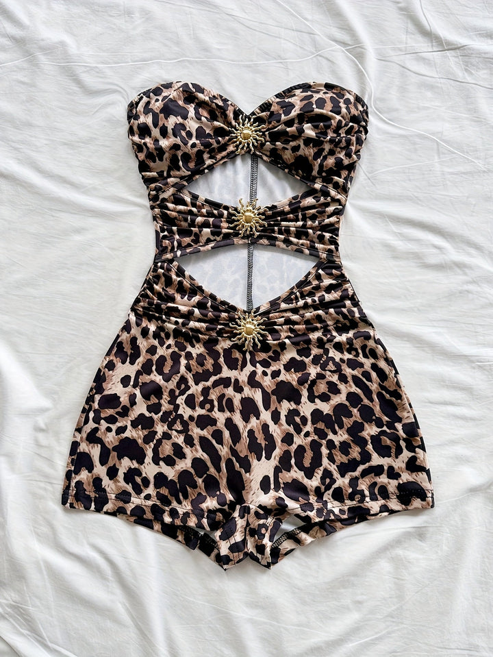 Damen Baddräkt Retro Bandeau Leopardenmuster mit Ausschnitten und Dekorativen Schnallen – Perfekt für Strand und Pool