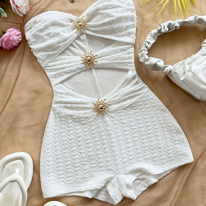Damen Baddräkt Retro Bandeau Leopardenmuster mit Ausschnitten und Dekorativen Schnallen – Perfekt für Strand und Pool