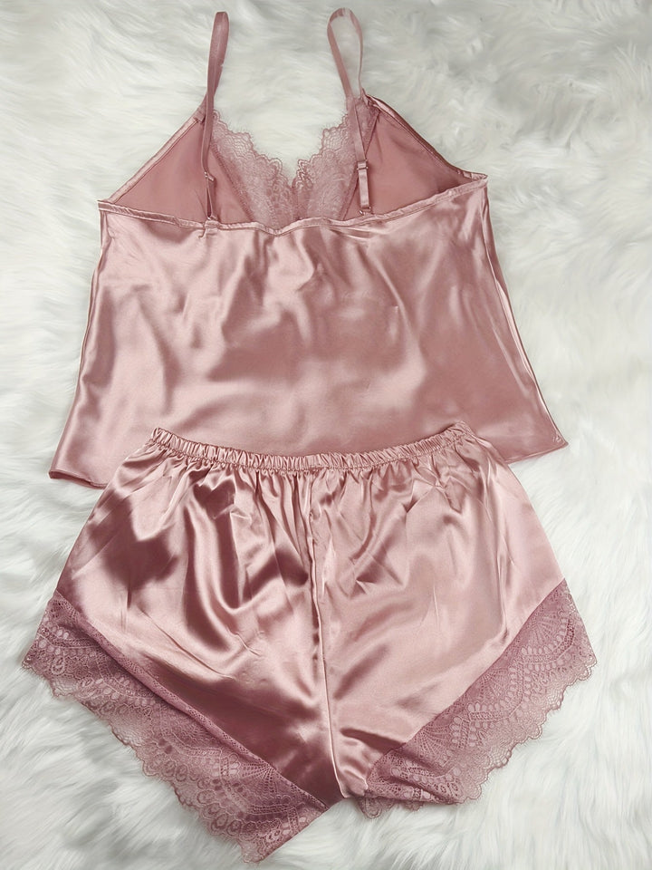 Kurzes Damenpyjama im sexy Stil für zu Hause - Set mit Top und Shorts mit Spitzenakzenten, ideal für Frühling-Sommer