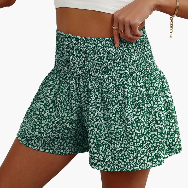 Kurze Damenhose mit hoher Taille und Rüschen, lässiger Blumenstil für den Sommer